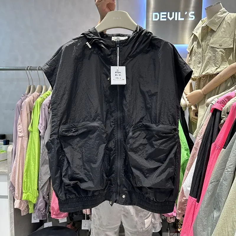 

Extra Large 300 Pou Hong Kong Sle Retro Hooded Vest Men Summer Loose Svel Jaet Trendy Brand Vest Zipper Decoration