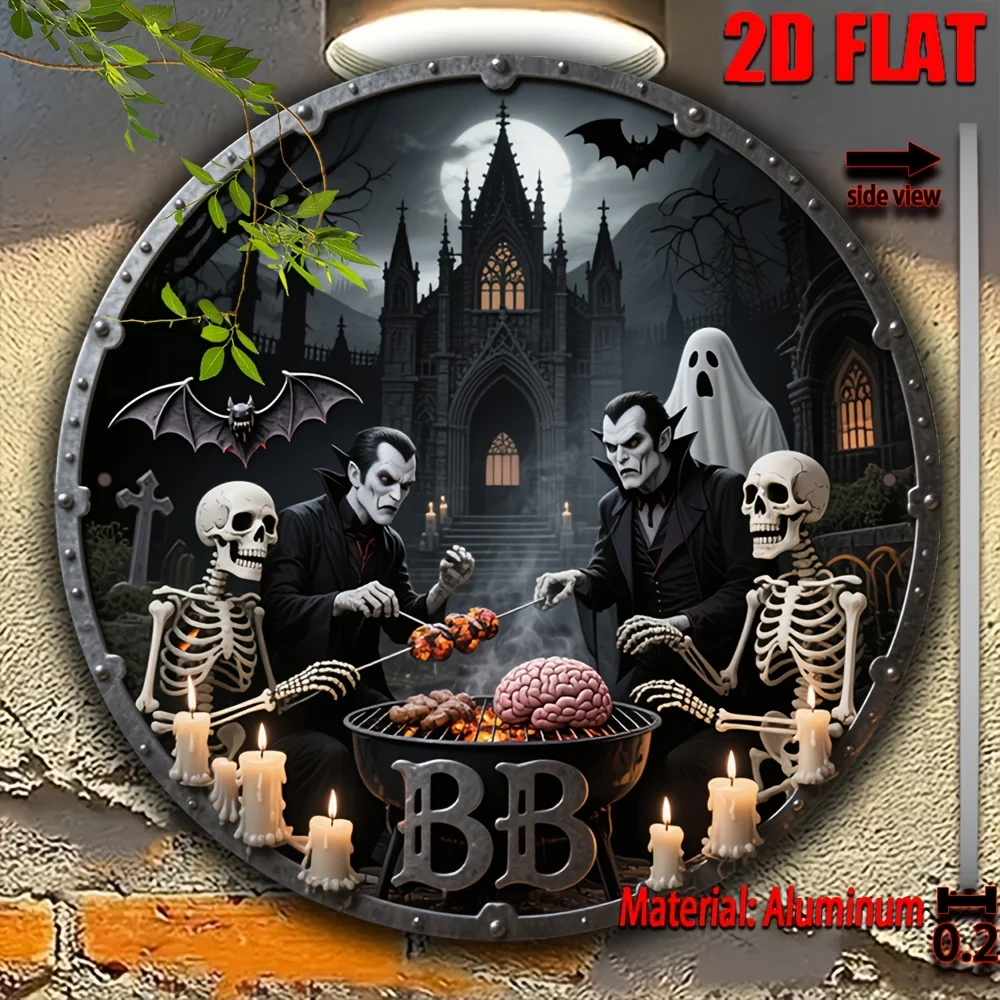 طباعة مسطحة ثنائية الأبعاد، قطعة واحدة من لافتة فنية جدارية معدنية بطابع مصاصي الدماء - لوحة زخرفية مستديرة من الألومنيوم مقاس 7.87 بوصة مع فنية قوطية، Skel #3