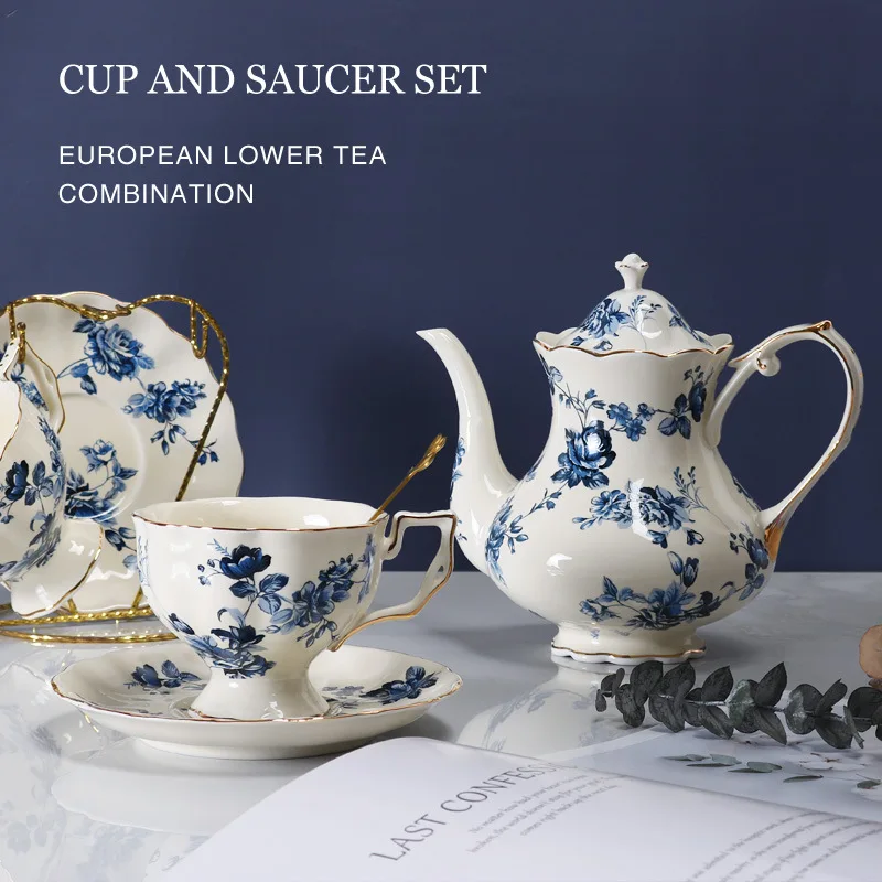Europäische Vintage Blumen-Keramik-Teekanne, Luxuriöse Kaffeetasse & Untertasse, Nachmittags-Kaffee-Tee-Service für Zuhause und Büro, Elegantes Geschenk