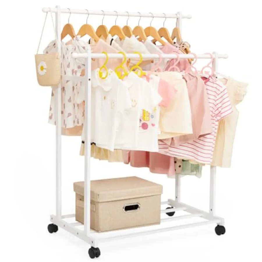 

Clothing Rack Bamboo with 2 Hanging Rods and 4 Hooks, Kid Dress Up Holder on Wheels, Small Child Garment Hanger for Playroom, T