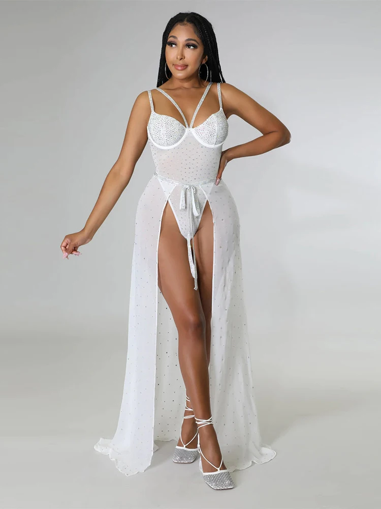 

Sexy Women Bohemian White Perspective Bodycon Italian Noodle Strap Long Dress Elastic High Waist Party Beach Wedding Dress