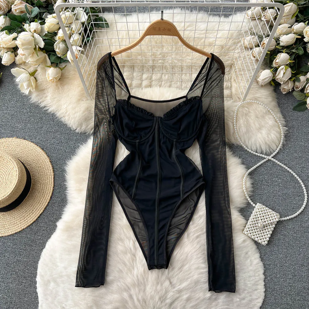 

Pure Desire Spring Autumn Long Sleeve Mesh Panel Square Collar Sexy High Split Women's Hot Girl Bodysuit Trendy