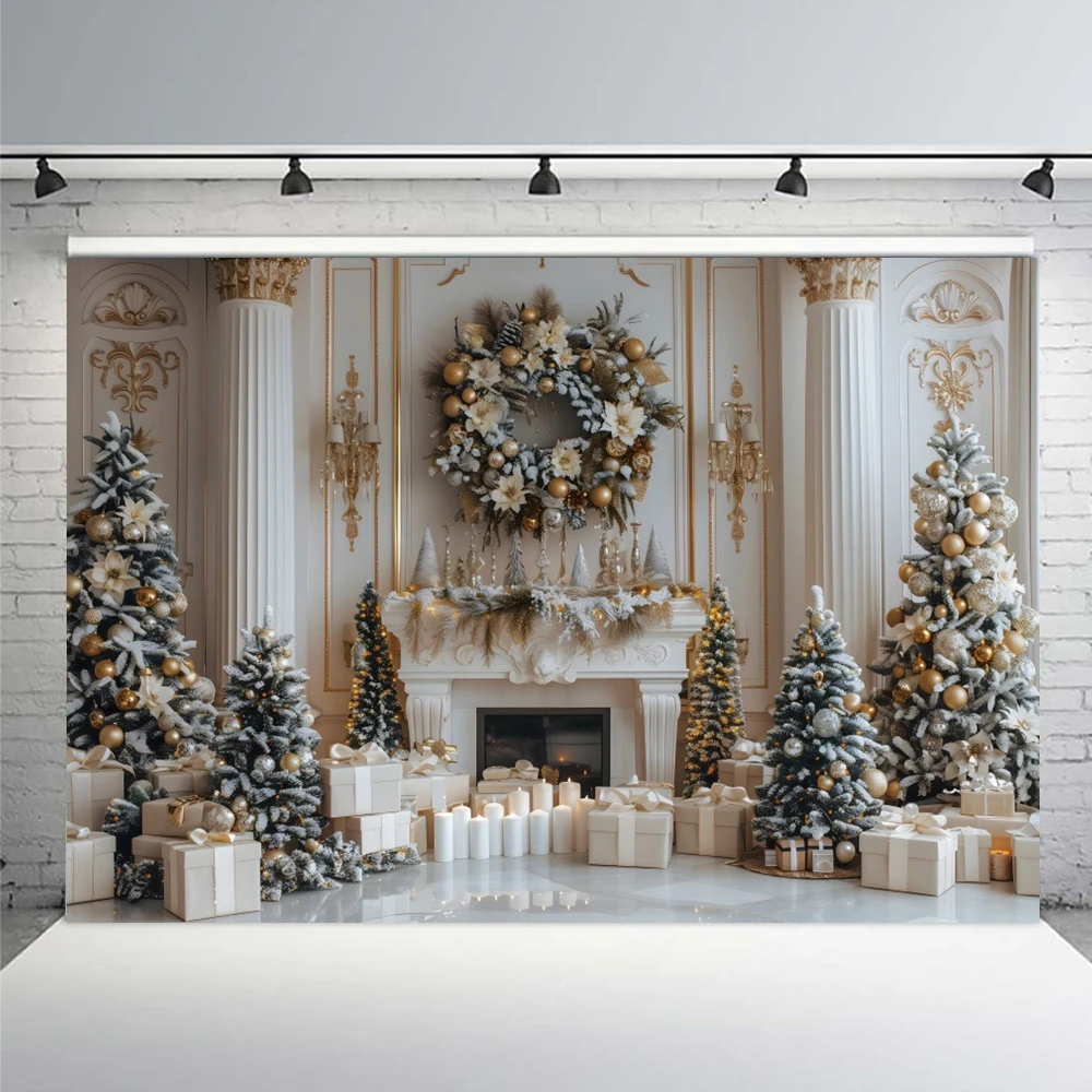 White Christmas Fireplace Photography Background Bright Wood Floor Xmas Tree Gift Kids Family Holiday Party Decor Photo Backdrop