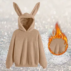 Bunny Ears Hoodie Womens Kawaii Korean Fluffy Rabbit Hooded Sweatshirt Lolita Cute Sweet Girls Harajuku Warm Fleece Hoodies Tops