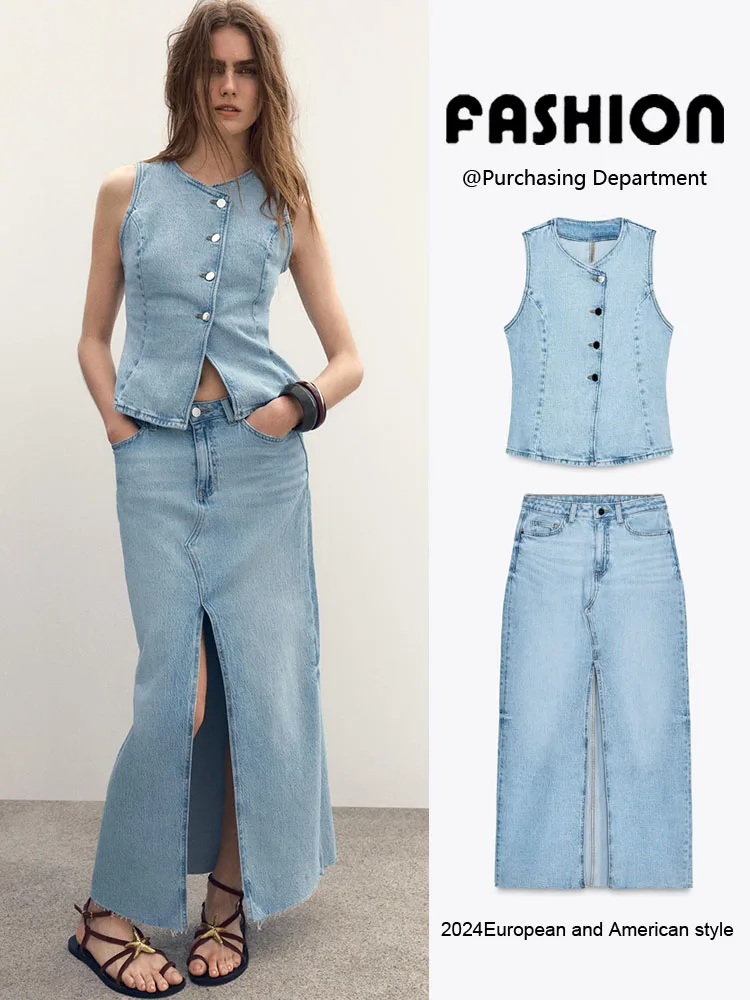 

Summer New Women's Sleeveless round Neck Vest 406 Denim Skirt Two-Piece Set Short Sleeve round Collar Fashionable Outfit