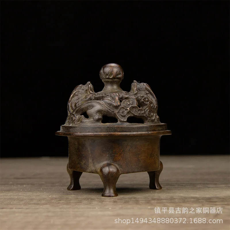 Brass Vintage Double Dragon Playing with Pearls Incense Ornament Three-Legged Xuande Burner Decoration for