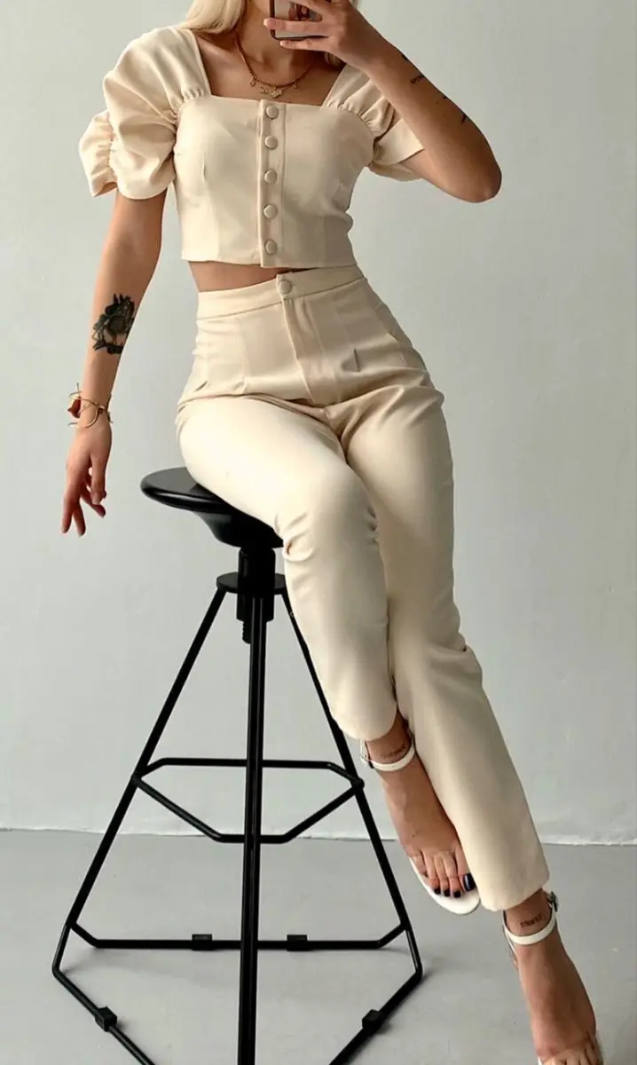 Elegant Women's Office Two Piece Sets Summer Fashion Solid Square Collar Single Breasted Short Sleeve Top & Long Pants Suit