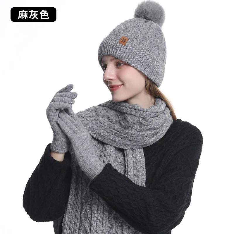 Knitted Hat Scarf Gloves Three Piece Set for Women Winter Added for Warmth Cycling Ear Protection Yarn Knitted Hat for Keeping