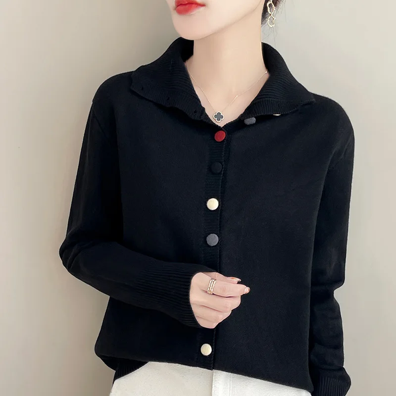 Autumn and winter new 100% pure wool retro women\'s stand collar knitted cardigan coat casual loose fashion bottoming shirt.