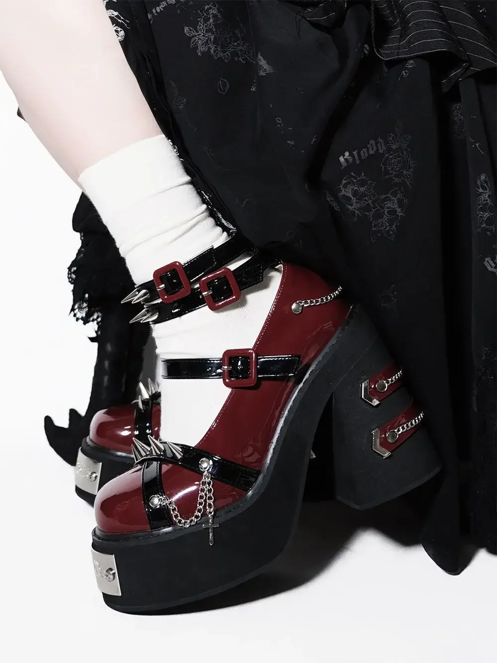 Thorn Evil Girl Shoes Little Bear Pandar Design Shoes T Buckle Sweet Girls Rivet Thick Heel High Heels Platform Shoes