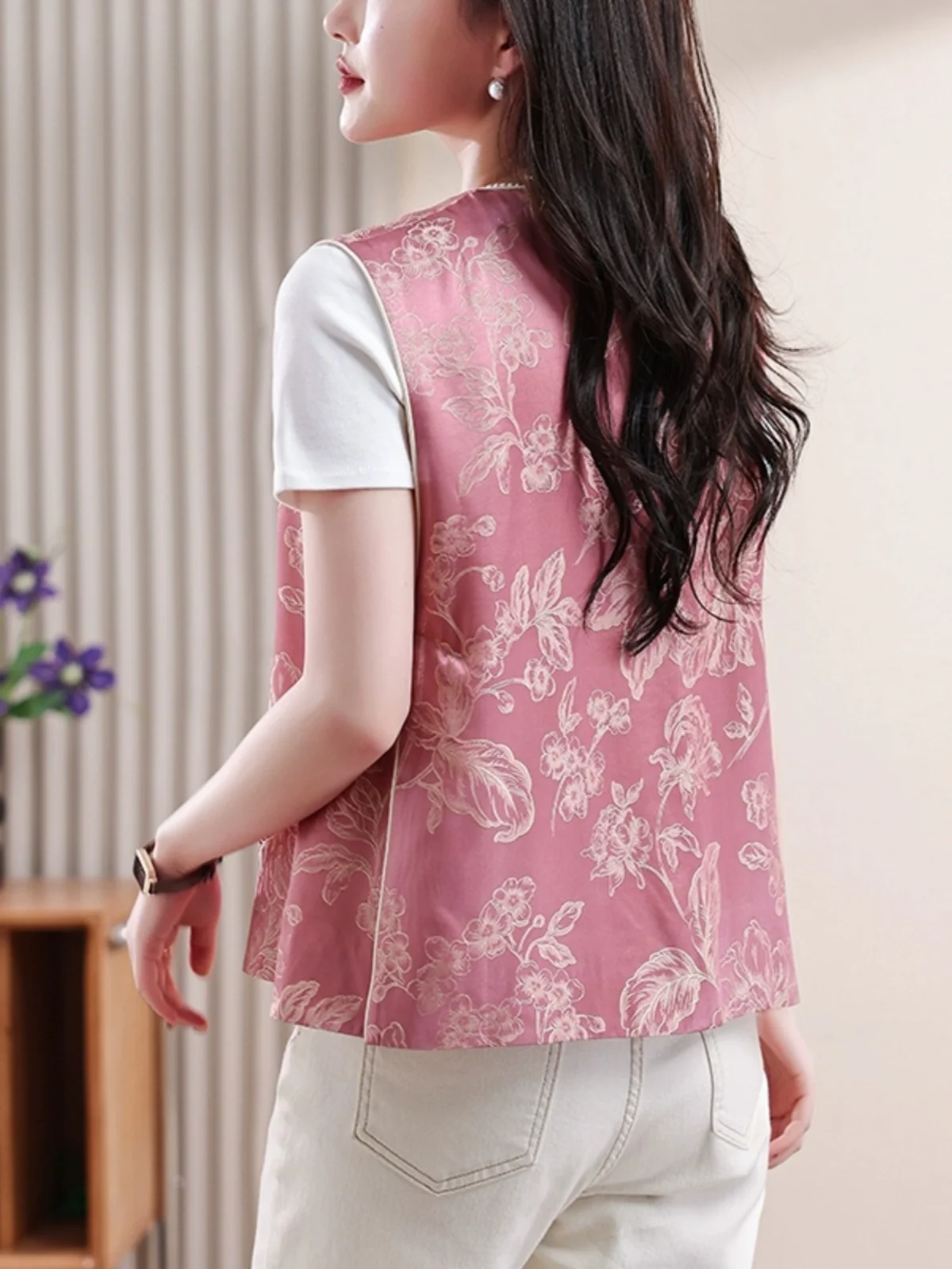 سترة نسائية وردية ثقيلة الوزن للربيع والصيف تصميم ريترو مطرز صيني Sle الاتجاه الوطني بأزرار علوية من القطن 00% #4