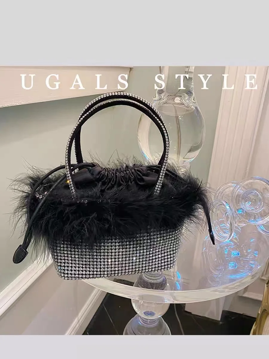 Luxury Ostrich Hair Bucket Bag Women Handbag Crystal Rhinestones Diamond Evening Bag Dinner Party Clutch Purse Crossbody Bag