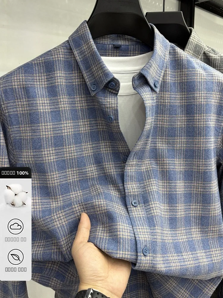 

Rn Men's Long Sve Cotton irt Comfortable Breathable Plaid Double-sided Brued Collar Outerwear Casual Busin Sle