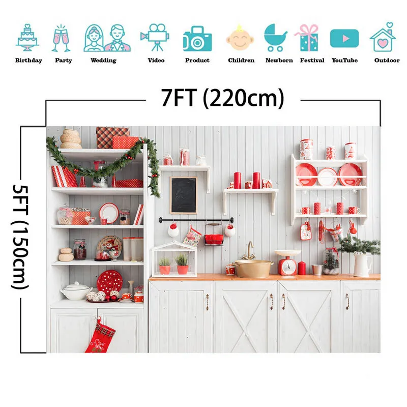 Christmas Modern Kitchen Photography Background White Cabinets Wood Wall Cook Decor Kids Birthday Portrait Backdrop Photo Studio
