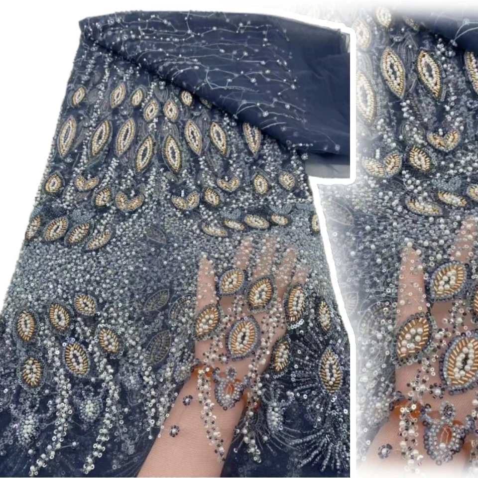 

Синяя африканская кружевная ткань 2025 Высококачественная нигерийская французская тюлевая кружевная ткань с блестками из бисера для шитья свадебного платья CC1295