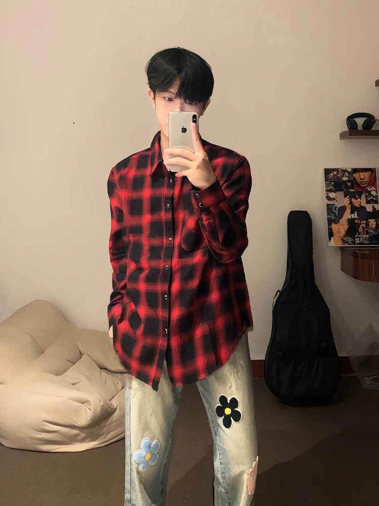 

Ankore Men's Long Sleeve Plaid Shirt Red Checkered Vintage American Style Outerwear Durable Polyester Cotton Blend Youth Fashion