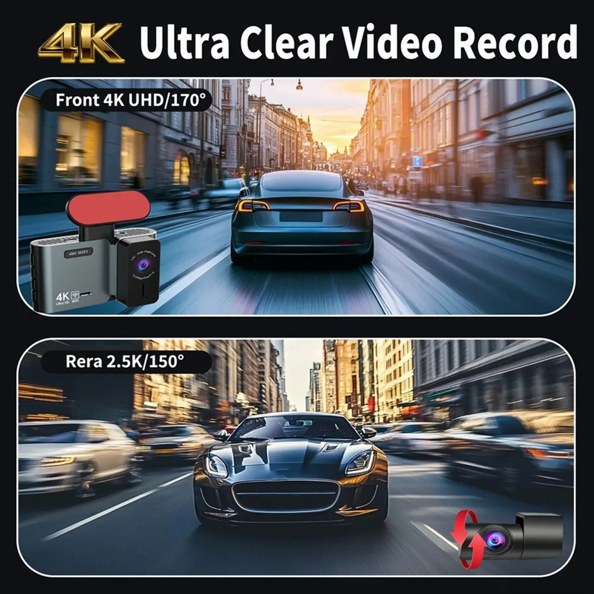 #(Upgraded)4K Front and 2.5K Rear Dash Cam with WiFi App Control GPS Support Night Vision G-Sensor Parking Monitor Loop Recordin