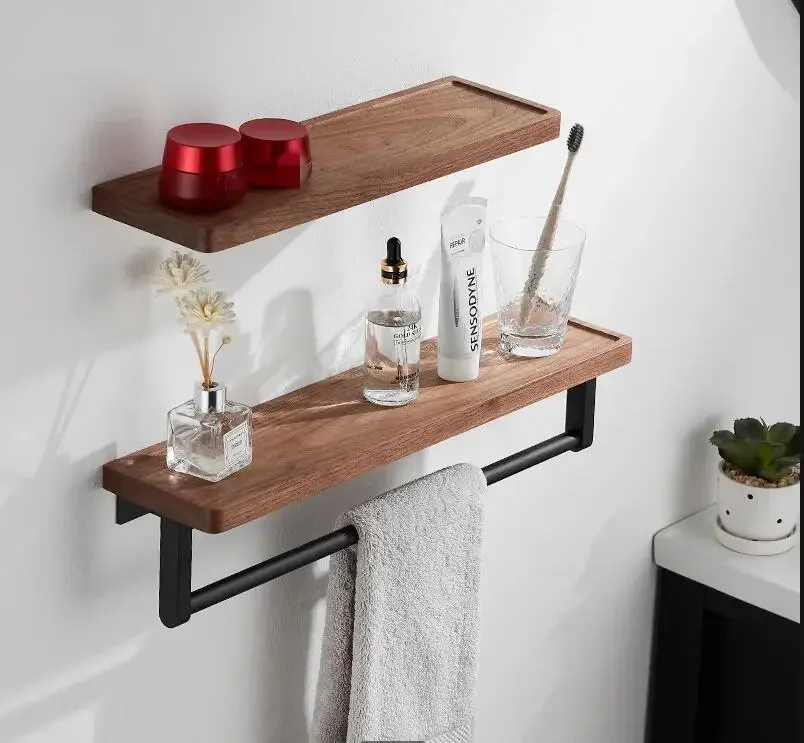 Solid Wood Bathroom Shelf Wall-mounted Storage Rack Towel Rack Towel Bar Bathroom Shelves Wall Shelf Multifunctional Organizer