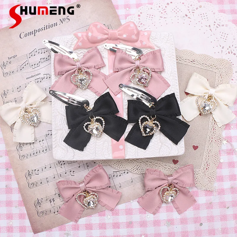 

Handmade Sweet Headwear Edge Clip Lolita Cute Rhinestone Love Pendant Clip Bow Barrettes Small Hairclips Hair Accessories