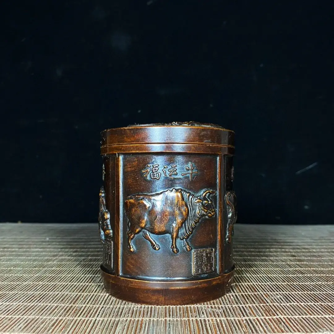 Pure Copper Tea Caddy with Relief Five Bulls Painting