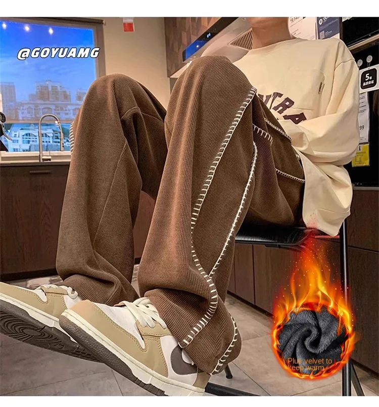 

2025 Autumn/Winter New Pants Men's Splicing Collection Bright Thread Striped Corduroy Pants Straight Leg Casual Pants Men's Bath