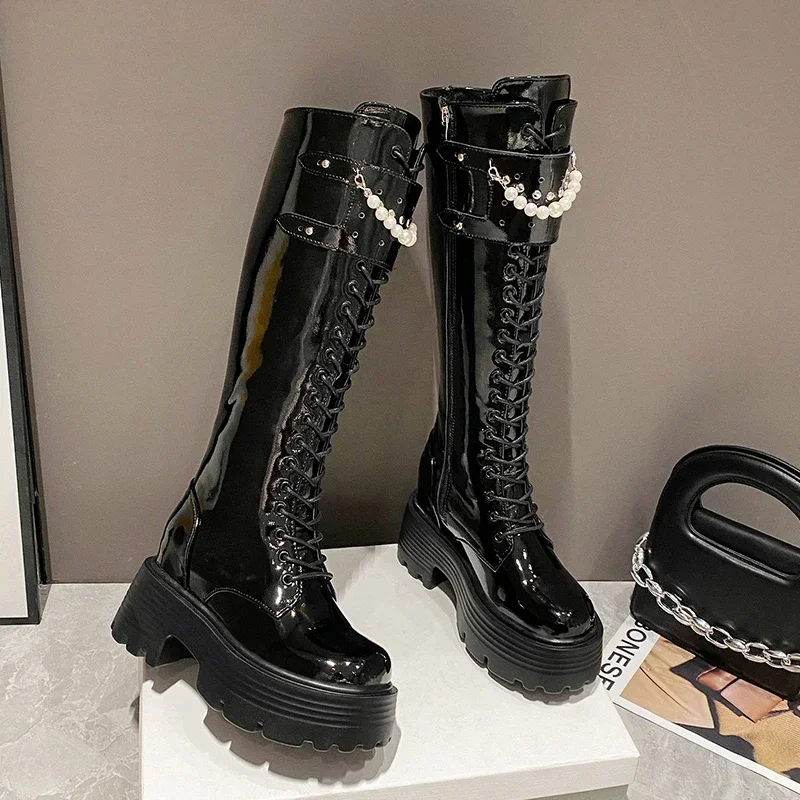 8.5cm novas mulheres plataforma grossa joelho-botas altas corda grânulo punk couro botas longas mulher saltos outono inverno botas de motocicleta