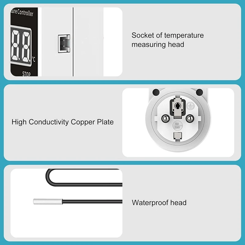 Toma de termostato ABPQ-2Pack con Sensor, enchufe de controlador de temperatura Digital, interruptor de temperatura impermeable, enchufe europeo