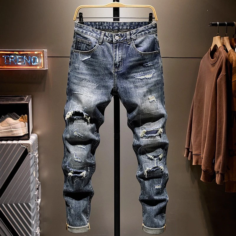 Fashionable new men's jeans with scratches, nostalgic elasticity, slim fit, retro washed blue jeans, designer pants, Y2K