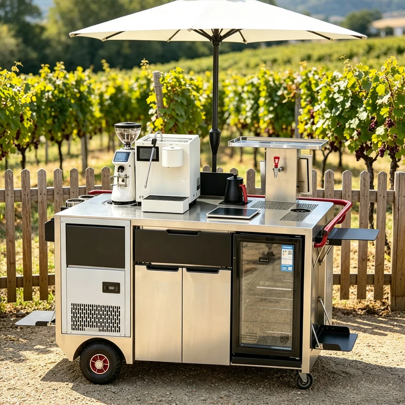Outdoor Pop Up Coffee Cart Stainless Steel Mobile Coffee Trolley With Storage And Awning Customized