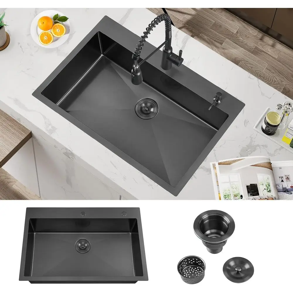 33 Inch Large Single Bowl Drop in Kitchen Sink | 33x22 Inch, Nano Black Stainless Steel, Handmade, Single Bowl