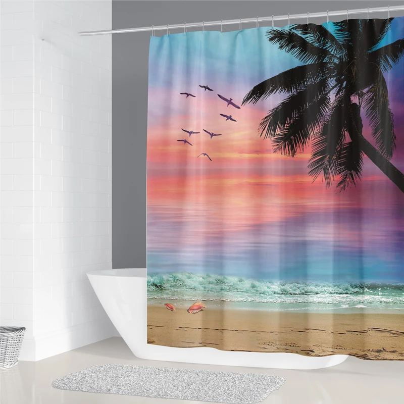 New 3D Beach Landscape Seaside Bathroom Waterproof Shower Curtain with Hook Anti-peeping Bath Blackout Screen Door Bath Curtains