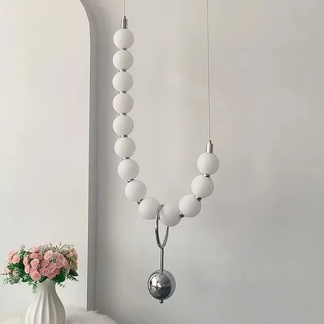 French retro bedside pendant light, creamy style bedroom hanging line light, pearl necklace, living room background wall lightin
