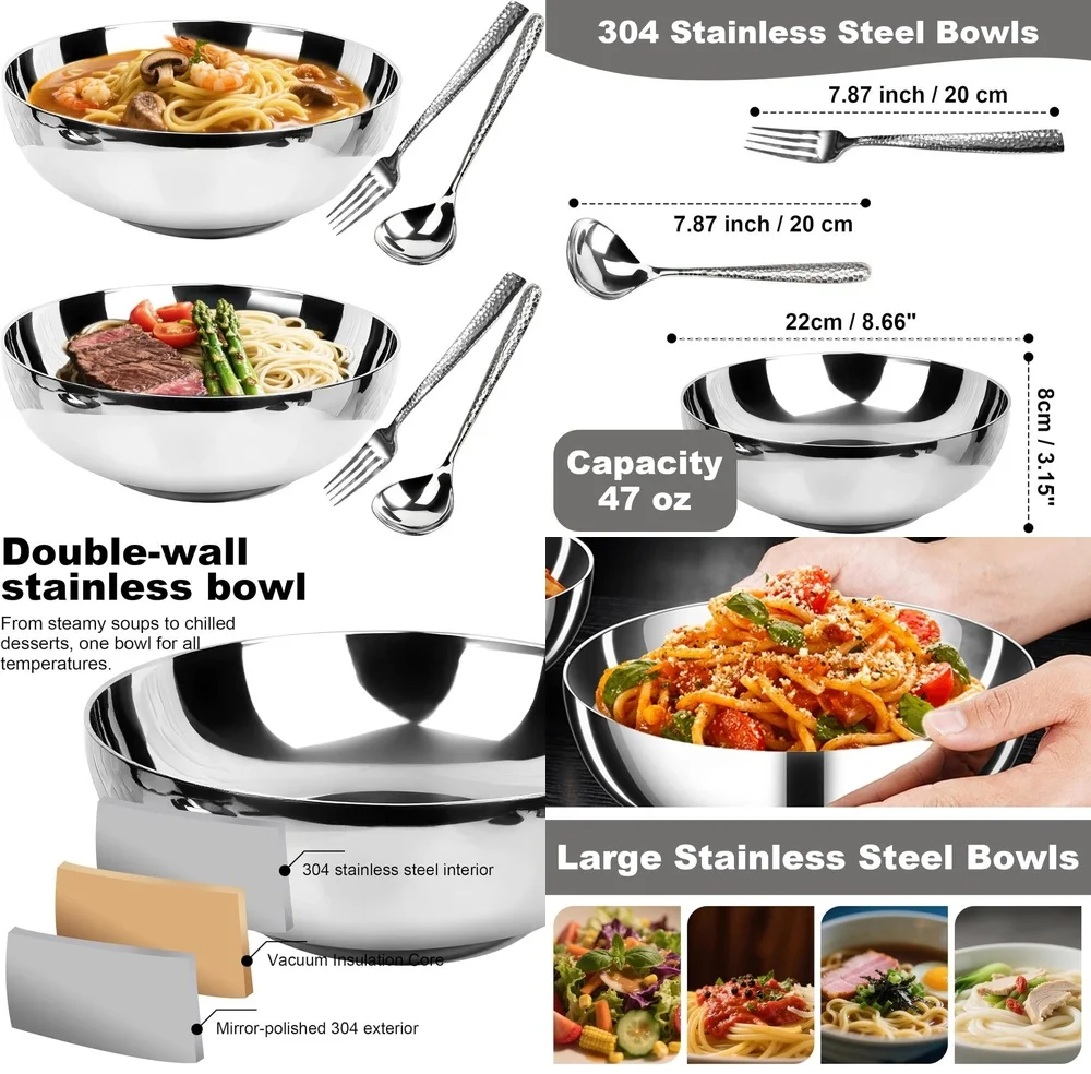 Paquete de 2 cuencos para Pasta de acero inoxidable 304, cuenco para ensalada de sopa con doble aislamiento de 47 oz para el hogar, cocina, duradero, antiadherente, apto para lavavajillas