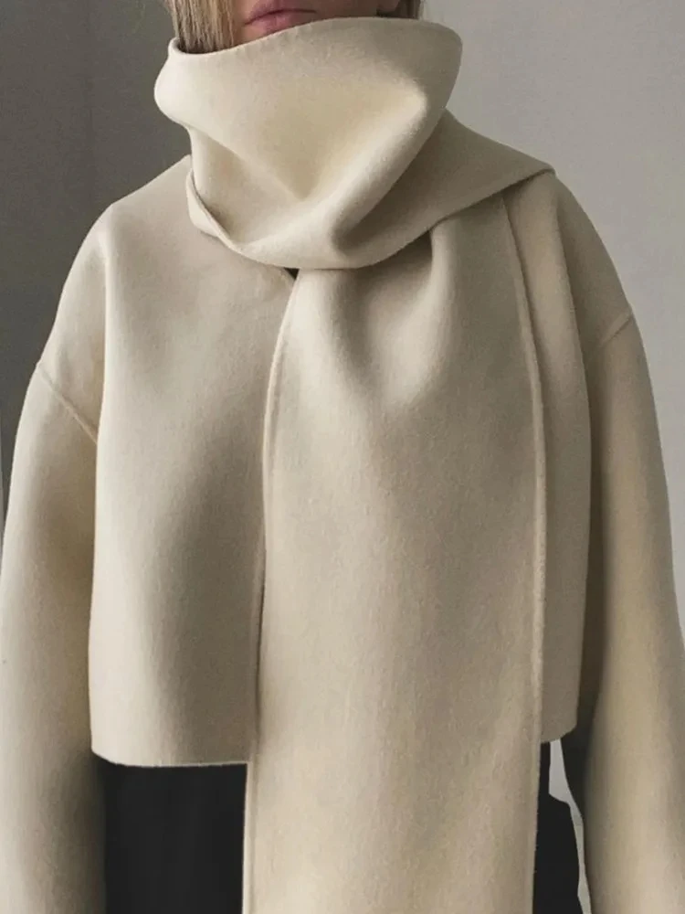 Beige Scarf Collar Double Sided Cropped Coat Women Loose Long Sleeve Cardigan Jacket 2024 Autumn New Elegant Female Streetwear