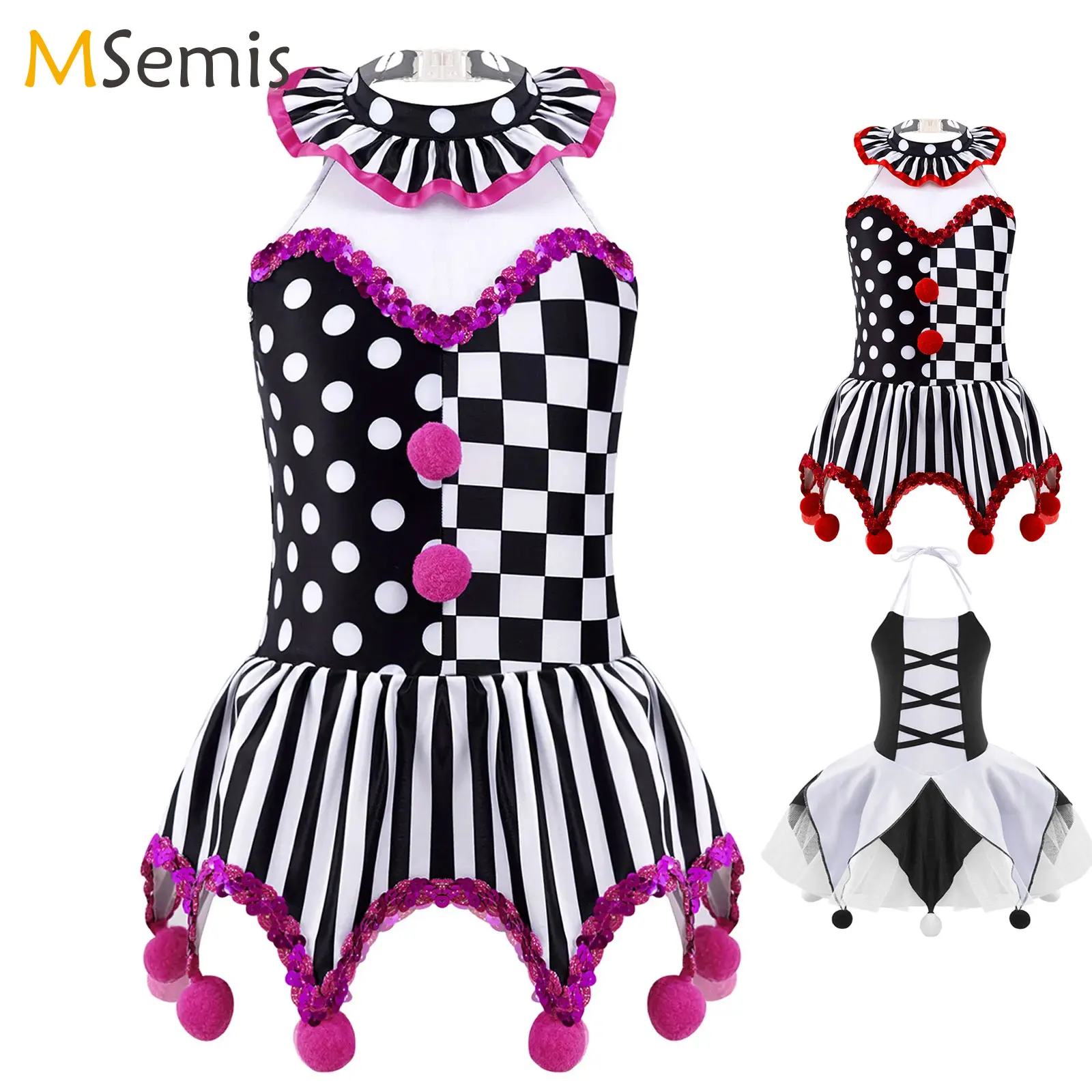 Halloweenowy klaun Cosplay Tutu Dress Kid Girls karnawał przebranie do księżniczki sukienka trykot cyrkowe pompony zdobione kostium jokera