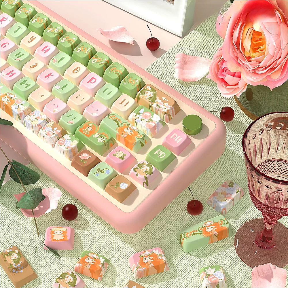 MUCHA GARDEN Pink Green Keycaps Thermal Sublimation Technology MDA Height Keycap Set for Mechanical Keyboards with MX Switches