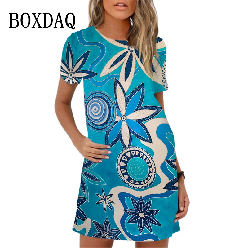 2024 New Print Women Dress Plus Size Casual Beach Sundress Ladies Elegnat Short Sleeve Summer Loose Mini Dress