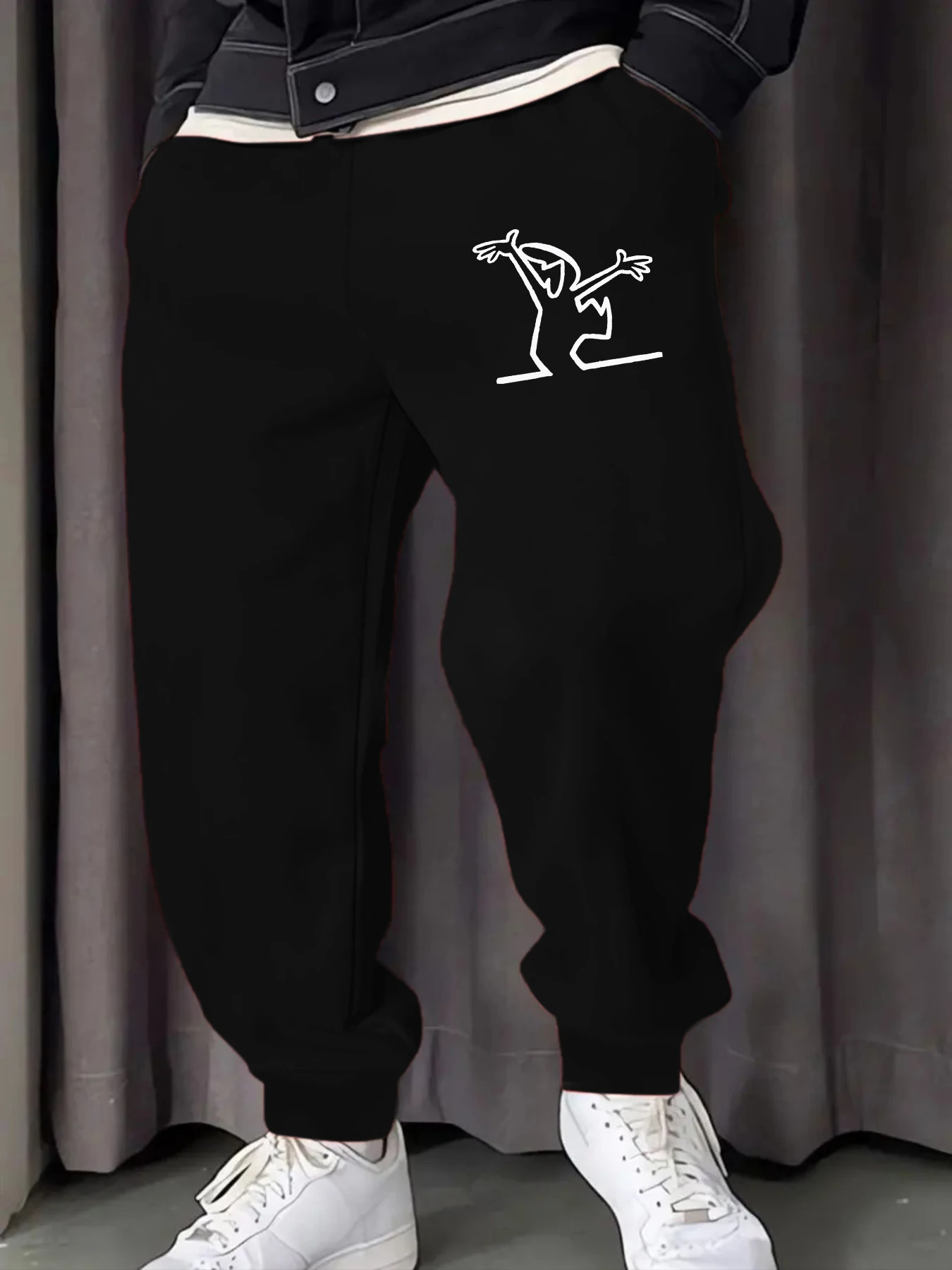 Happy Dancing Simple Line Printed Men's Sweatpant Casual Drawstring Pant Fashion Warm Britches Trendy Street Unisex Long Pants