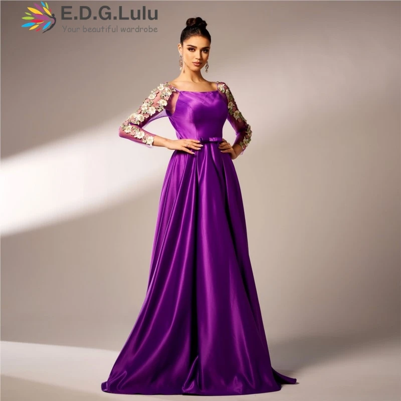 EDGLuLu Mesh Long Sleeved Patchwork 3d Floral Wedding Guest Dress Women Square Neck Purple Satin Long Evening Gown 1218