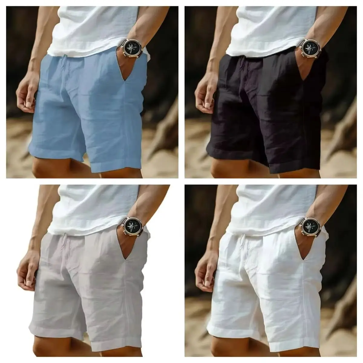 

2025 New Summer New Men's Cotton Breathable Shorts Hawaii Beach Pants Male Solid Color Trousers Loose Versatile Streetwear