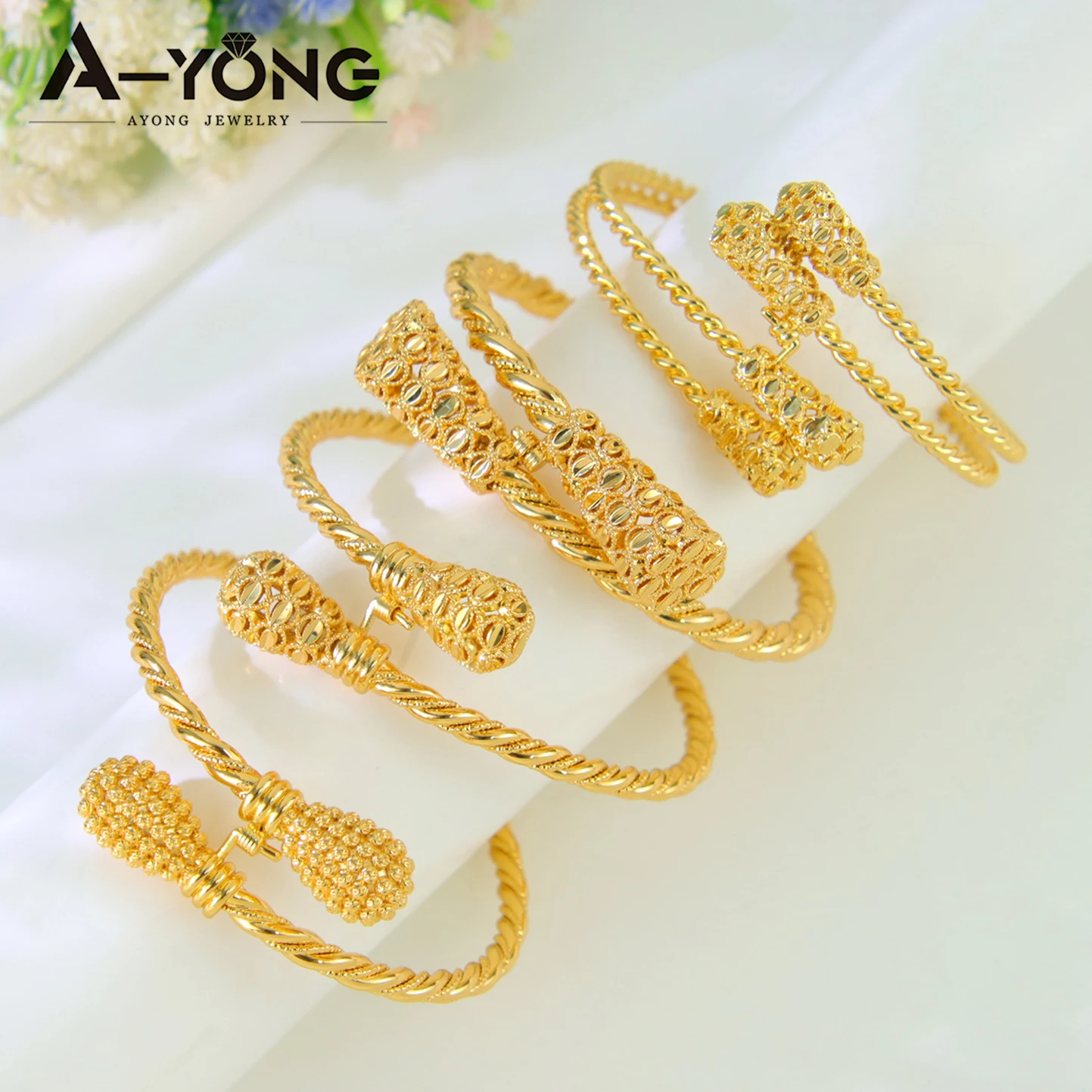 Dubai Gold Plated Cuff Bracelets 21k Gold Color Luxury Saudi Bridal Wedding Bangles Turkish Women Wedding Party Ramadan Jewelry