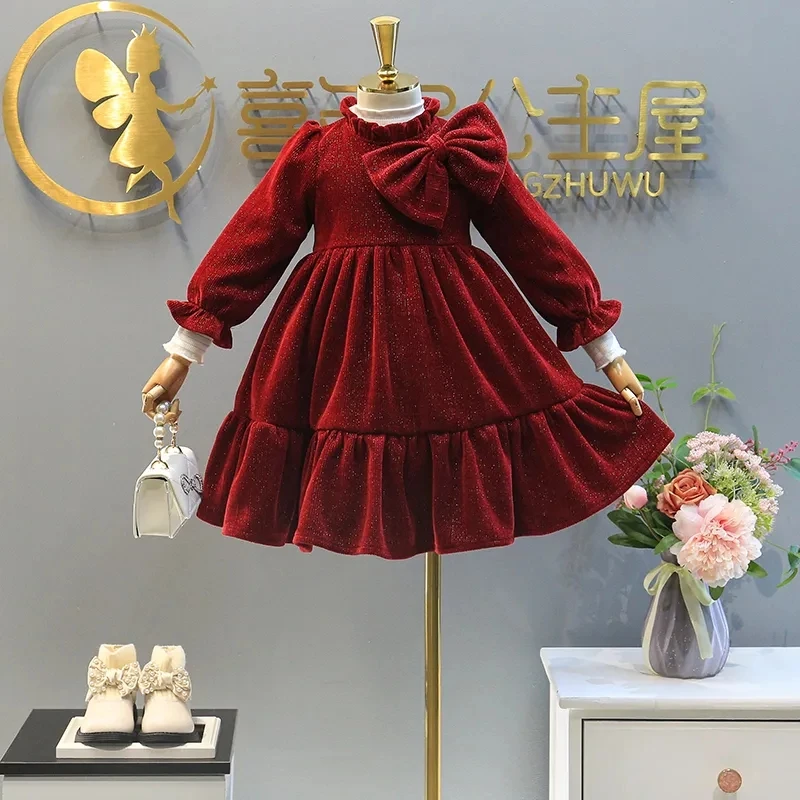 2-12 Years Kids Red Corduroy Princess Dress with Bow Children Long Sleeve Christmas Dresses for Girls Thick Velvet Winter Dress