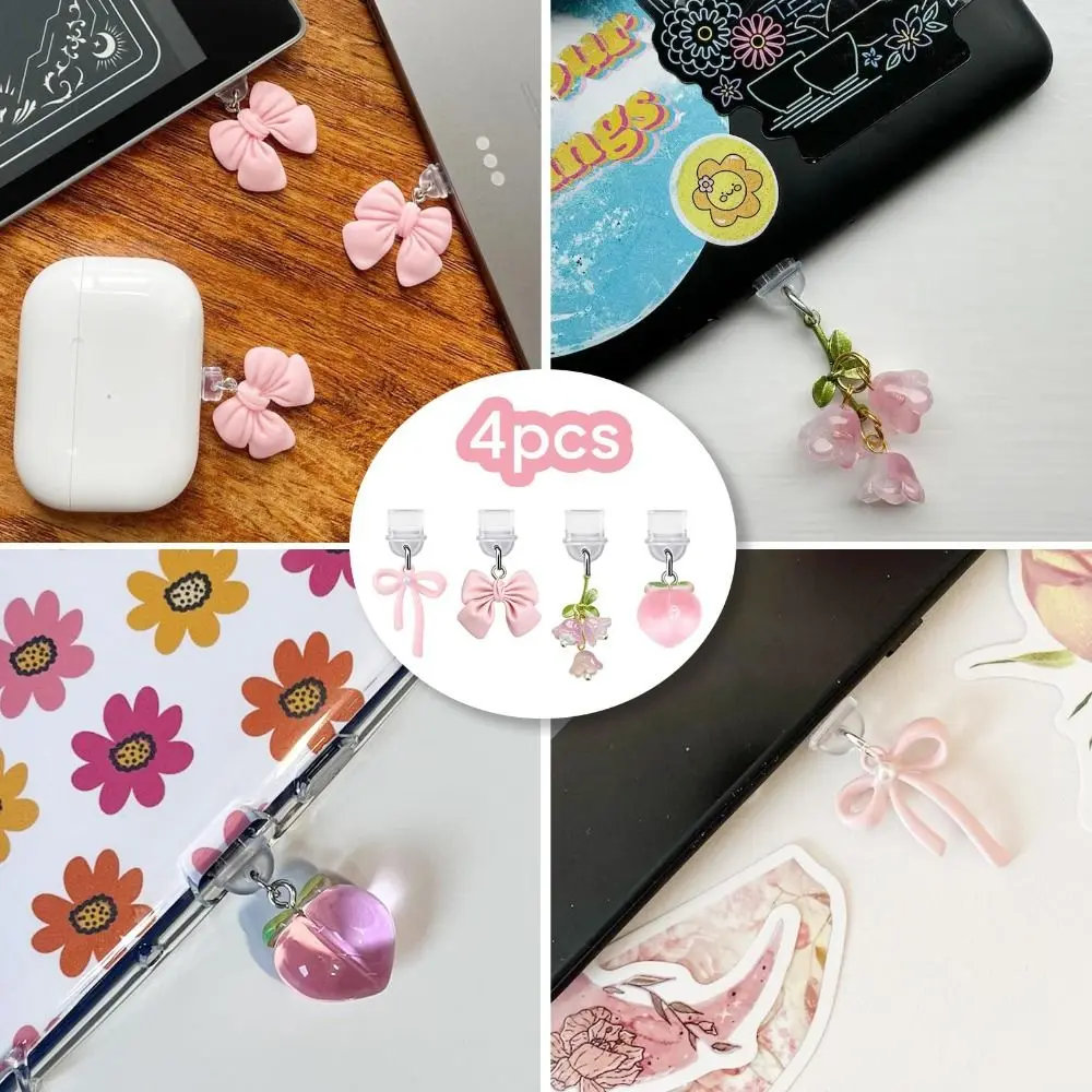 

4pcs/set Bowknot Design Dust Plug Charm DIY Type C/USB C Mobile Phone Dust Plug Resin Gift Anti-Dust Plugs for Kindle