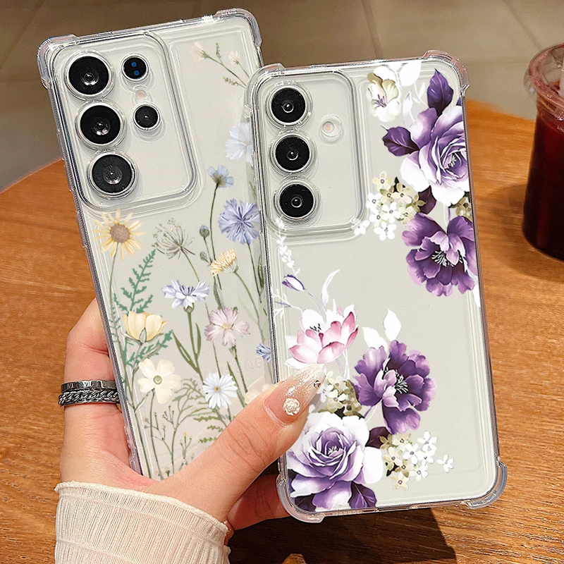 Little Flower Pattern Clear Phone Case For Samsung Galaxy S26 S25 S24 S23 Ultra S22 Plus S21 S24 S25 FE Shockproof Soft Cover