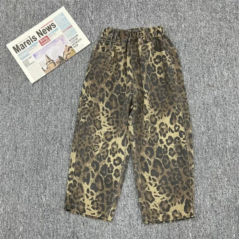 New Children\'s Pants Spring Boys New Leopard 2024 Pattern Jeans Baby Western Leisure Pants Children\'s Pants