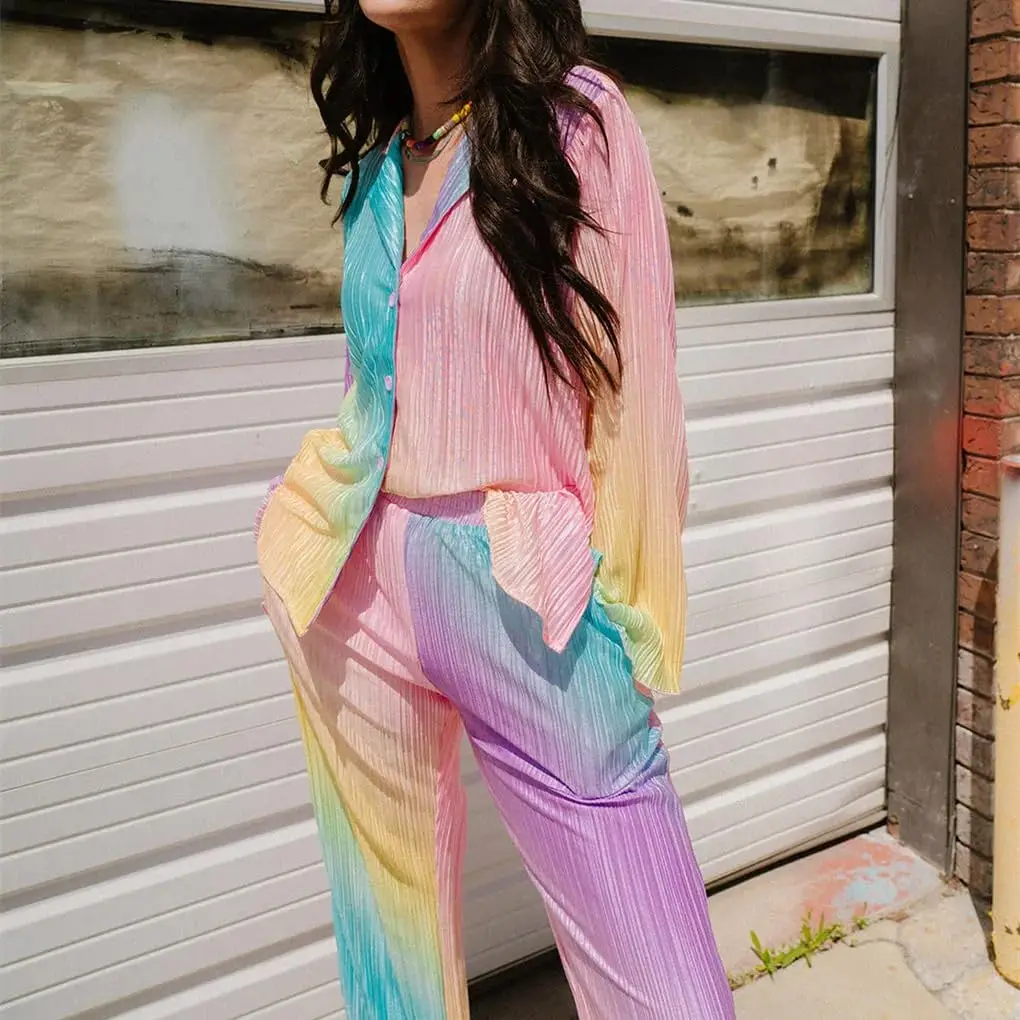 Women Pleated Gradient Print Pajamas Shirt Pants Sets Casual Long Sleeves Lapel Tops Wide Leg Pant Sleepwear Ladies Streetwear