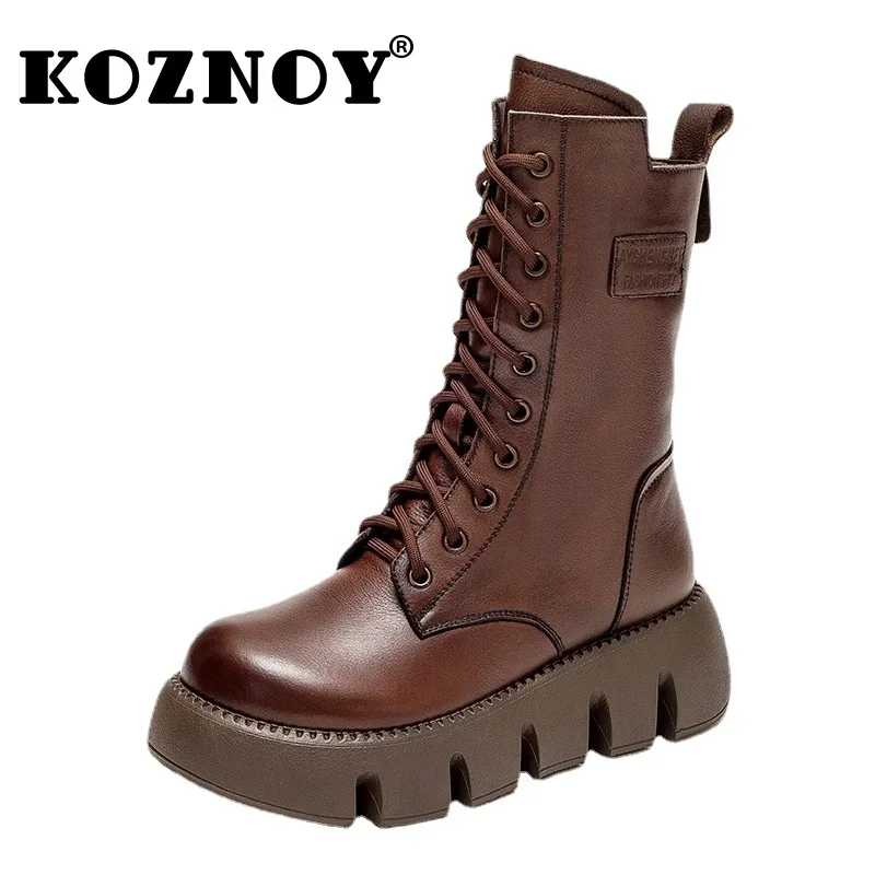 Koznoy Ankle Boots 5cm Women Cow Genuine Leather Moccasins Autumn Winter Plush Spring British Wedge Ethnic ZIP Platform Shoes