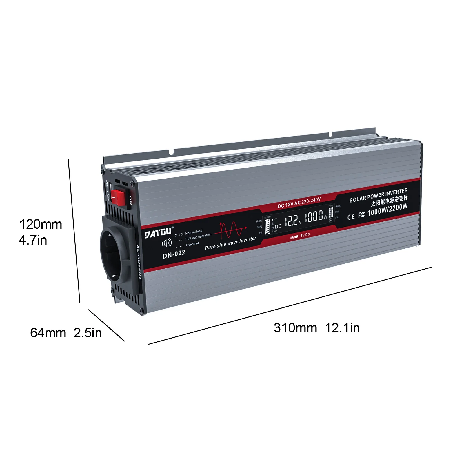 DATOU BOSS Inverter 1000w Pure Sine Wave Use for Cars 12v to 220v Grey Color 50Hz with EU Socket LCD Display USB Interface