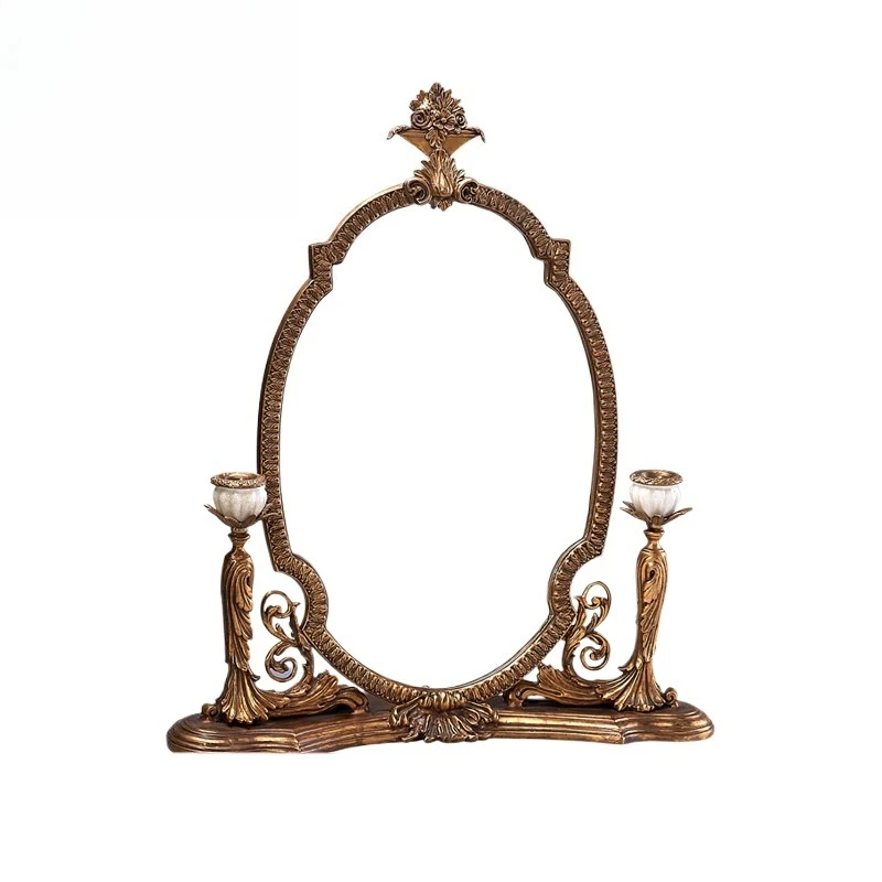 French retro art European luxury ceramics with copper vanity mirror, bedroom vanity mirror desktop