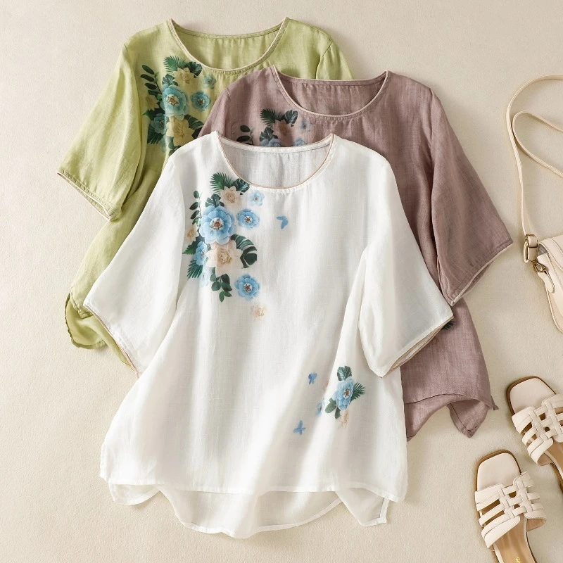 

Chinese Style Women's Clothing Blouses Vintage Embroidered Shirts Loose Summer Clothing Short Sleeved Cotton Linen Women Tops